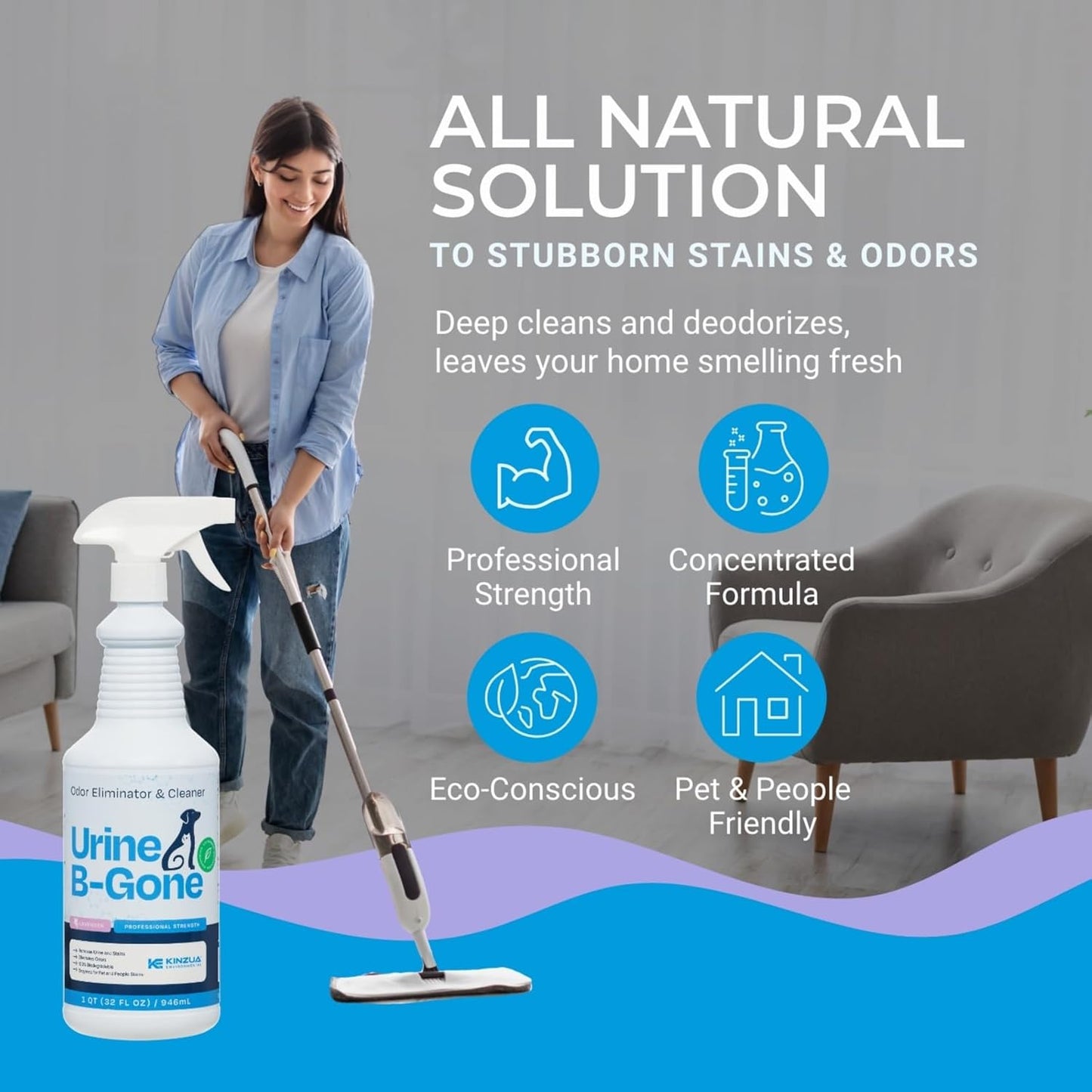 KINZUA ENVIRONMENTAL Urine B-Gone, Professional Enzyme Odor Eliminator & Pet Stain Remover, Human, Cat & Dog Urine Cleaner, Effective on Laundry, Carpets & More, Lavender Scent, 32oz