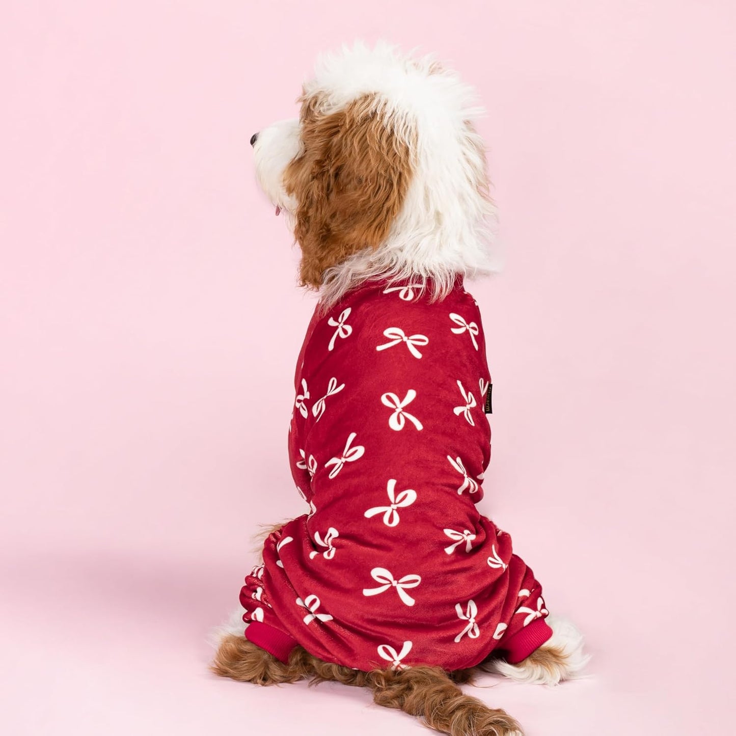 Fitwarm Bowknot Dog Pajamas, Warm Clothes for Small Dogs Girl, Fleece Pet Onesie with Feet, Burgundy Red, White, XL