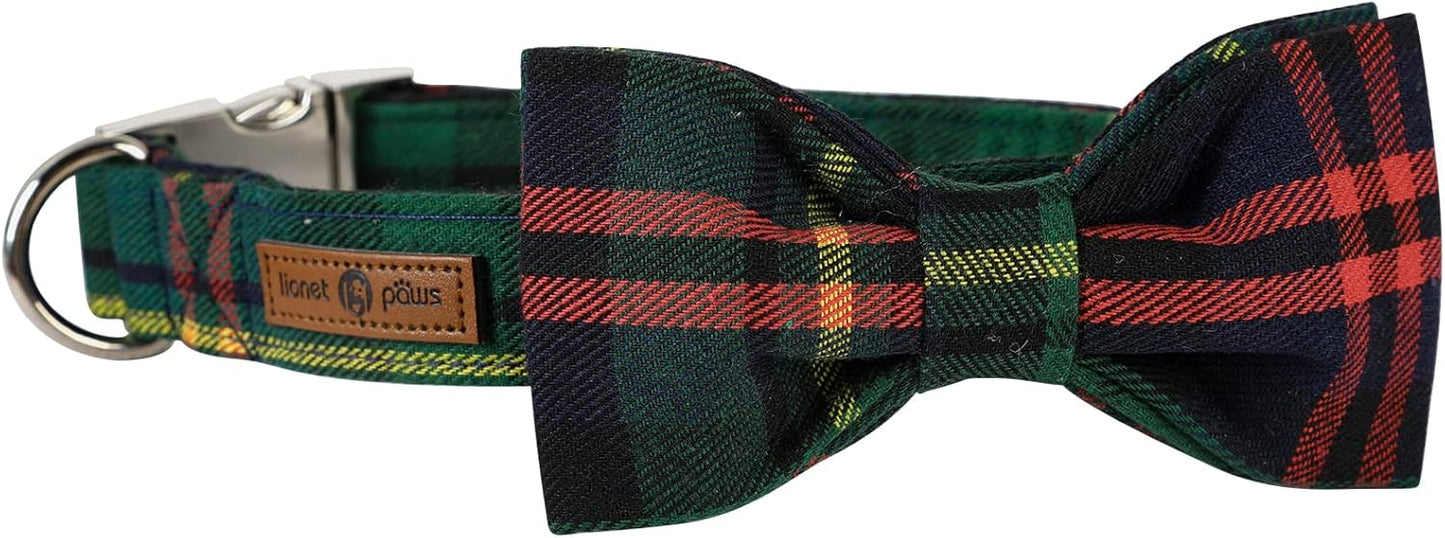 Lionet Paws Christmas Dog Collar with Bowtie Durable Adjustable Handmade Comfortable Bow Tie Dog Collar Cat Collar Green with Metal Buckle for XS Dogs Cats,Girl Boy,Festival,Holiday Style,Neck 8-12in