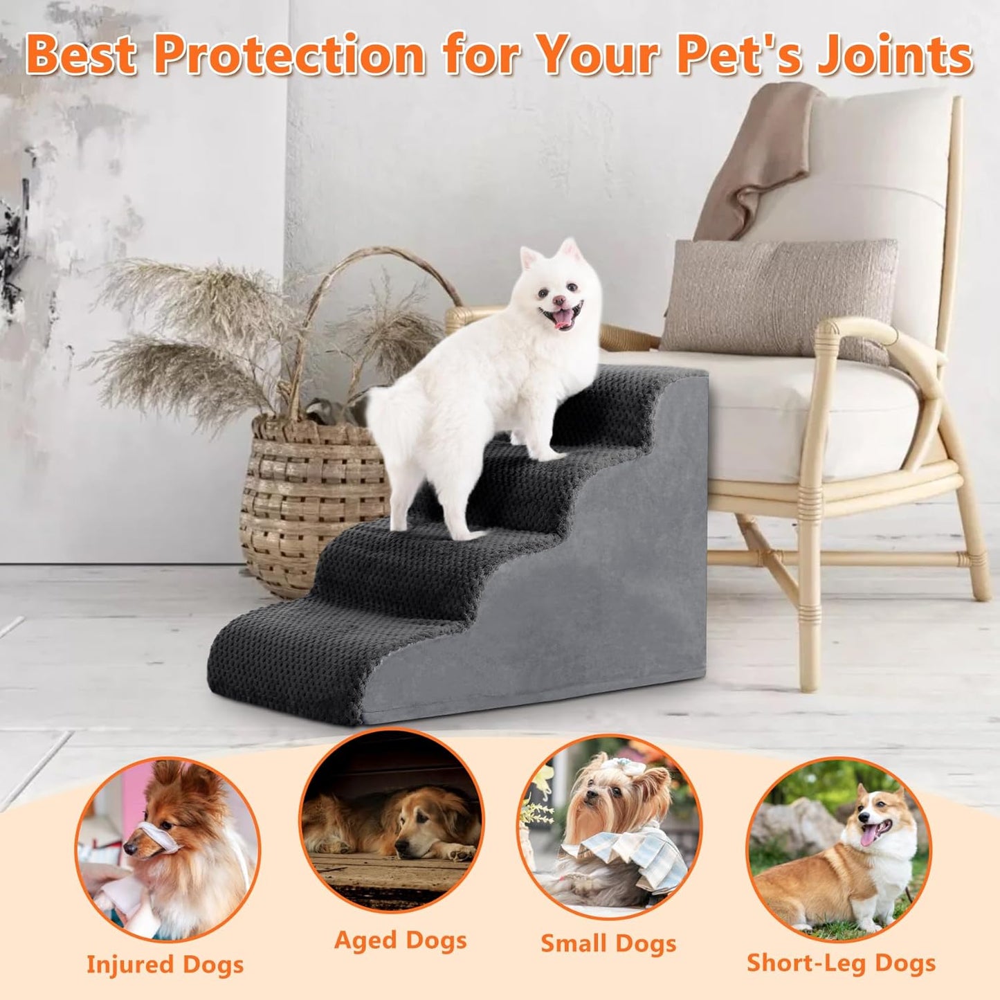 MIHIKK Dog Stairs Ramp, Curved 4-Step Dog Steps for Small Dogs and Cats, Pet Stairs for High Beds and Couch with Anti-Slip Washable Cover and Durable High Density Foam, Dark Grey