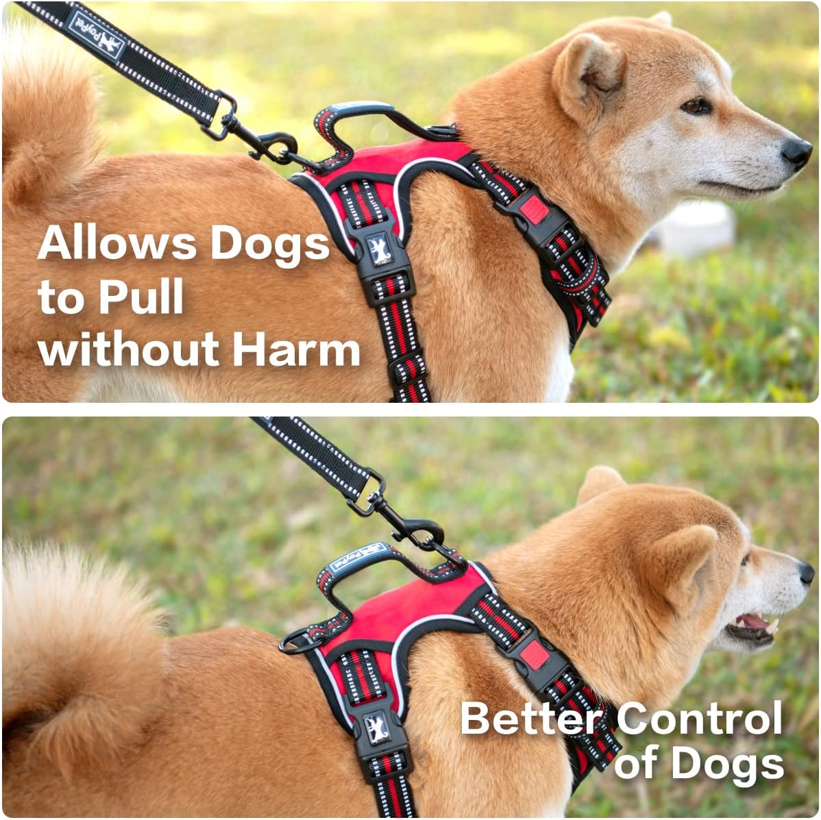 PoyPet No Pull Dog Harness, No Choke Front Clip Reflective Dog Vest with Soft Padded Vertical Handle, 3 Leash Attachments for Small Medium Large Dogs (Red,L)