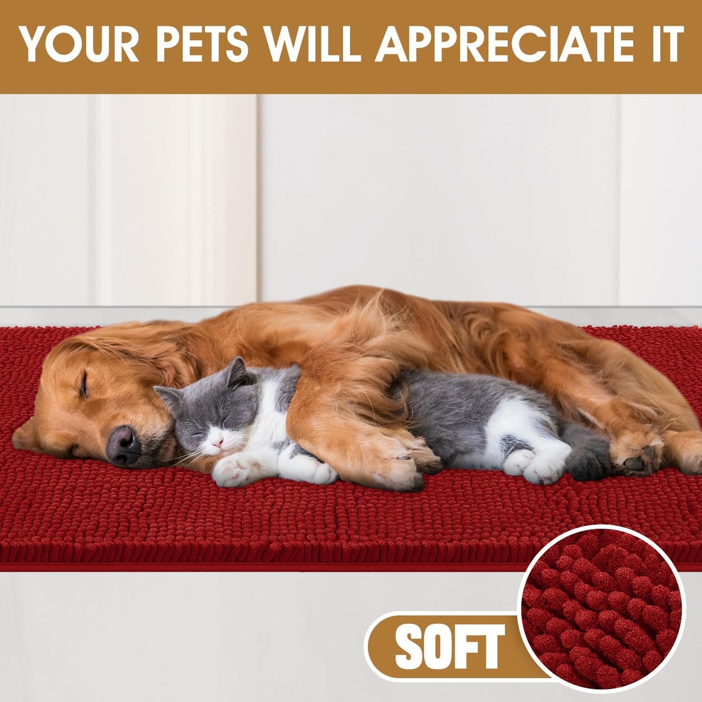 Extra Large Dog Door Mats for Muddy Paws, Chenille Absorbent Dog Mats, Non Slip Heavy Mud Mat for Dogs, Soft Pet Mat for Entryway, Mud Paws, Inside Floor,60" x 36", Red