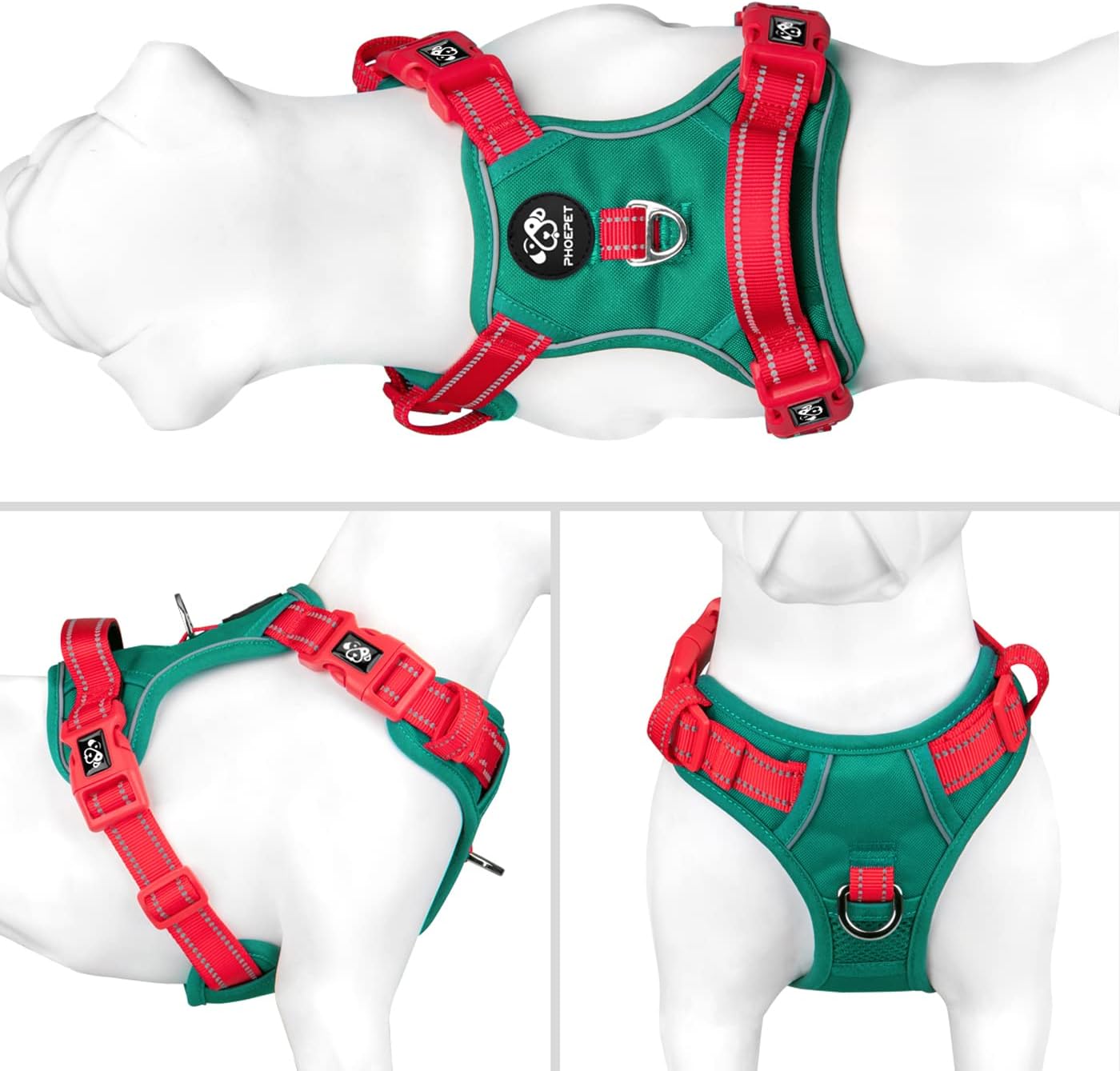 PHOEPET No Pull Dog Harness, Unique Colors Reflective Adjustable Dog Vest, with Soft Training Handle Metal Clips for Small Medium Large Dogs (Dark Green Base & Red Straps,M)