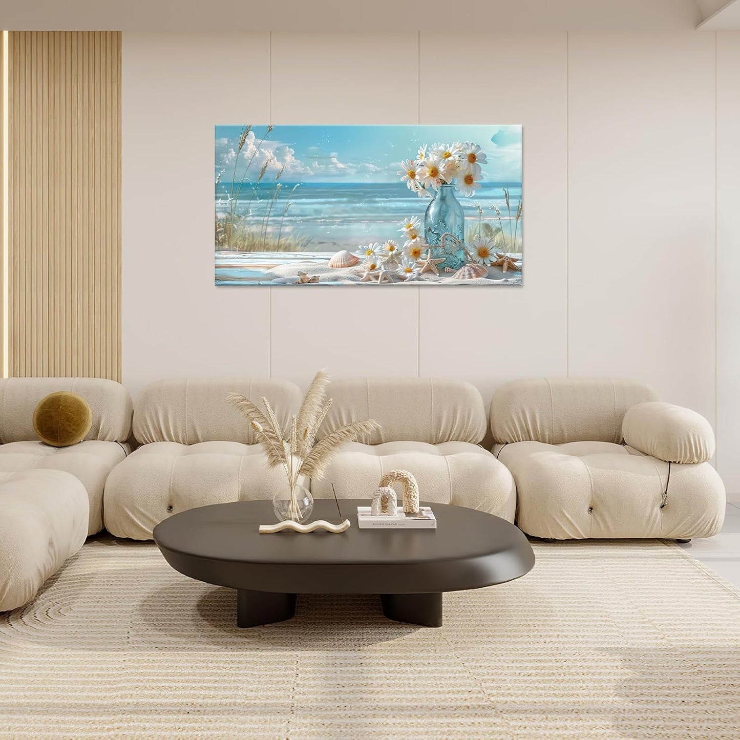 Large Beach Wall Art for Living Room Flower Daisy Art Big Space Size Framed Ocean Shell Canvas Prints Blue Pictures Painting Artwork Office Bedroom Home Decor 60"x30"