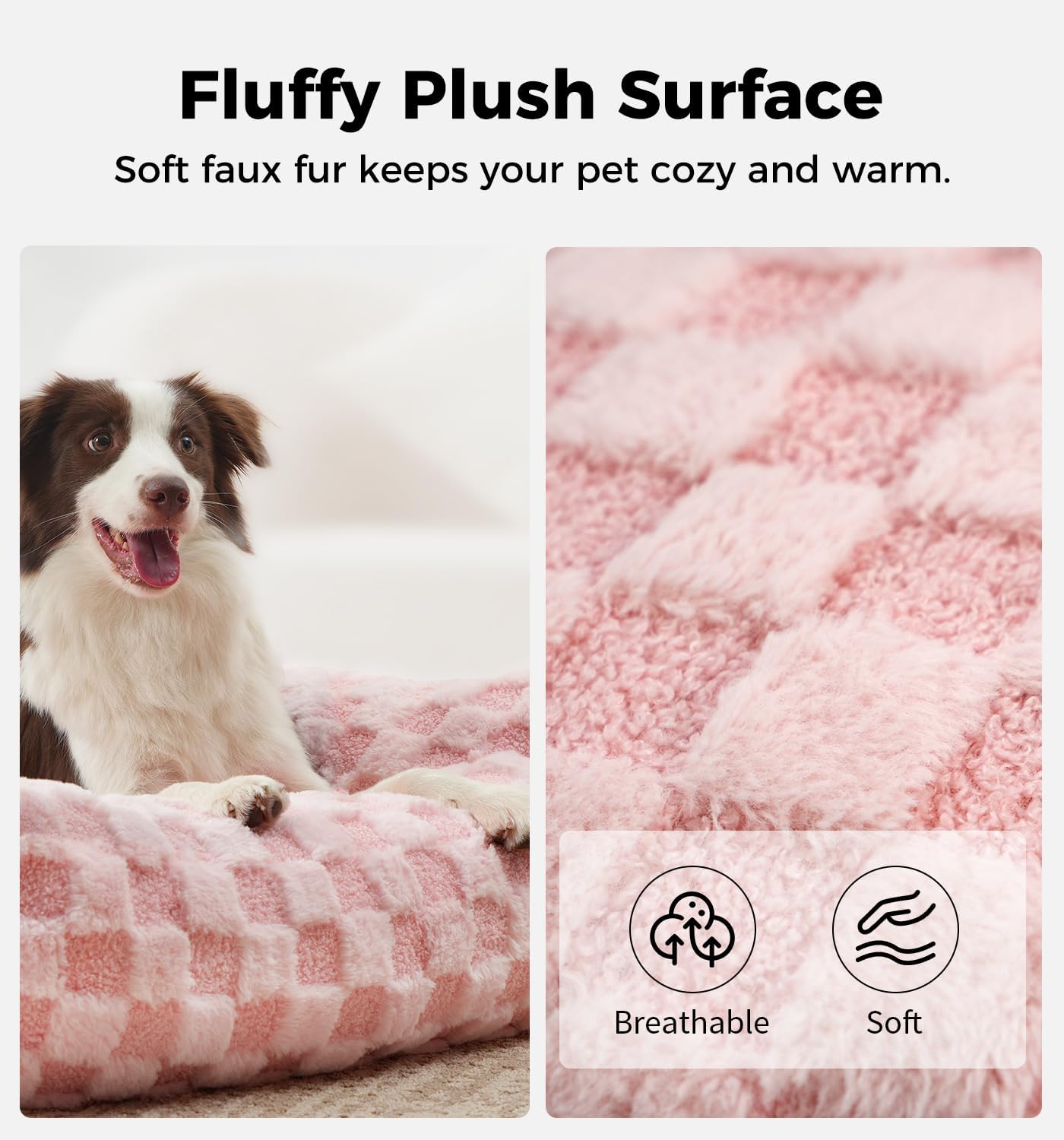 Made4Pets Dog Couch Bed, Soft Faux Fur Checkered Pet Sofa, Comfortable Fluffy Dog Sofa with Supportive Foam, Removable Washable Cover with Non-Slip Base, Pink, Large