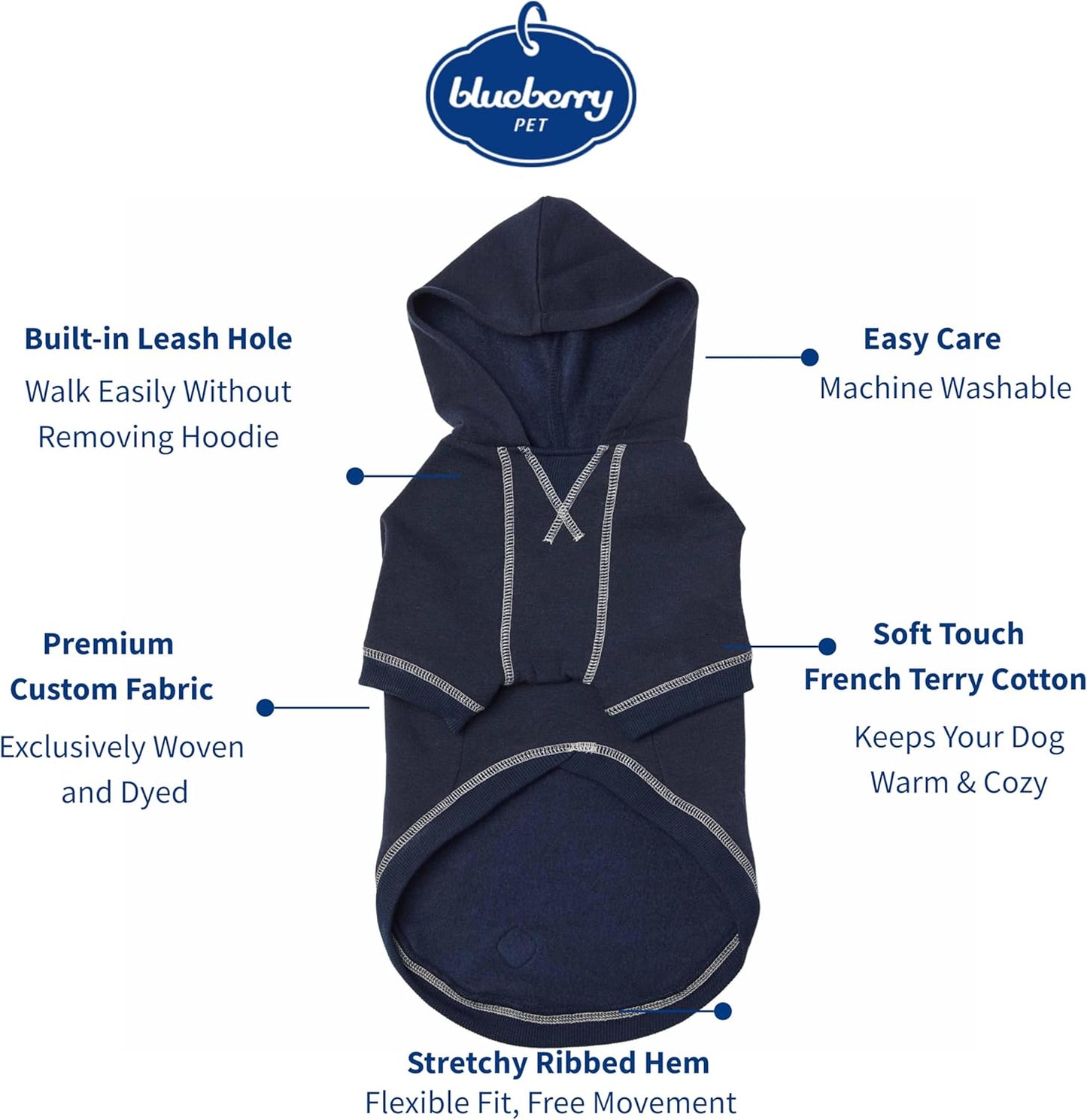 Blueberry Pet Essentials Dog Hoodie – 18 inch, Cotton‑Blend Sweatshirt with Hood, Midnight Blue, Machine‑Washable Small‑Dog Jersey