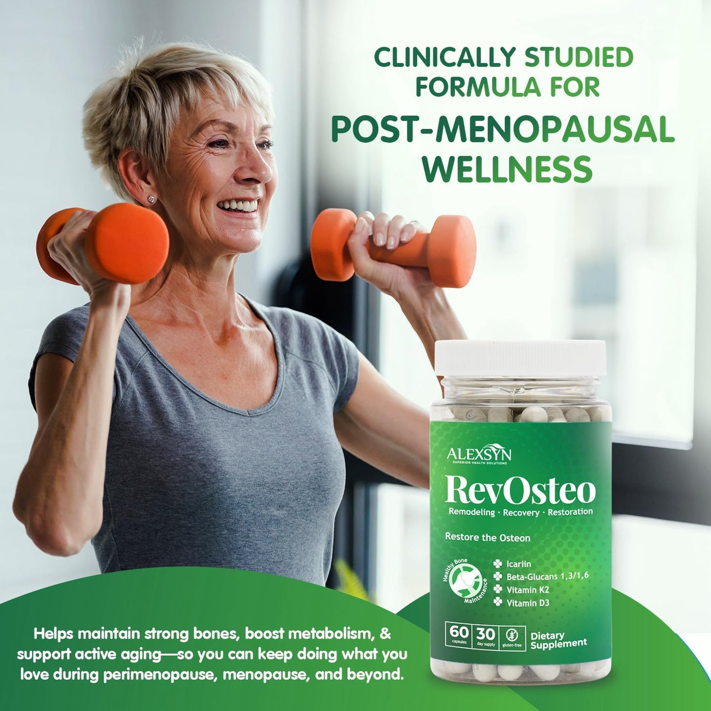 RevOsteo Bone & Metabolic Support – Advanced Bone Nutrition with Icariins, Vitamin K2, D3, Boron & Beta-Glucans – Vegan, Gluten-Free, Made in USA – 60 Capsules, 30-Day Supply