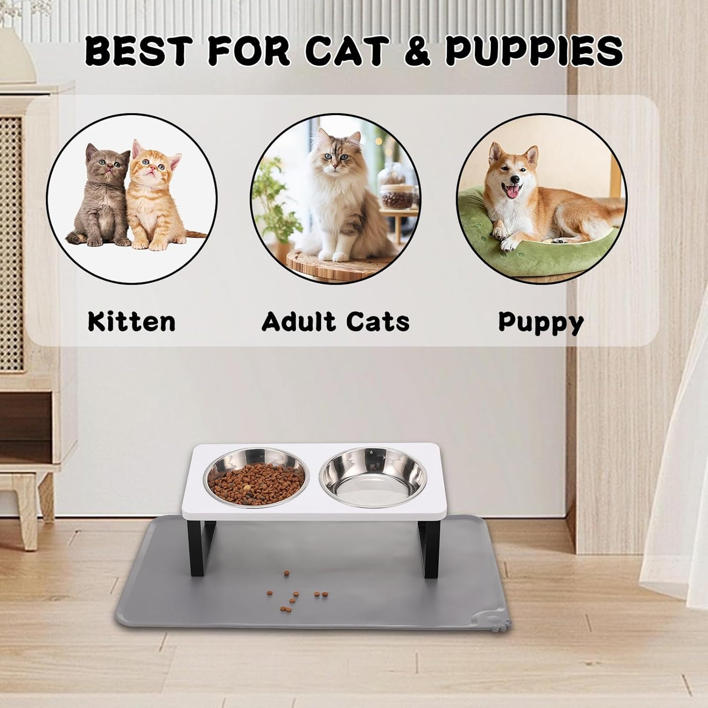 Upgraded Elevated Cat Bowls with Food Mat,15°Tilted Stand Anti Vomiting Raised Cat Dishes for Food and Water,2 Stainless Steel Bowls for Cats and Puppy（White）