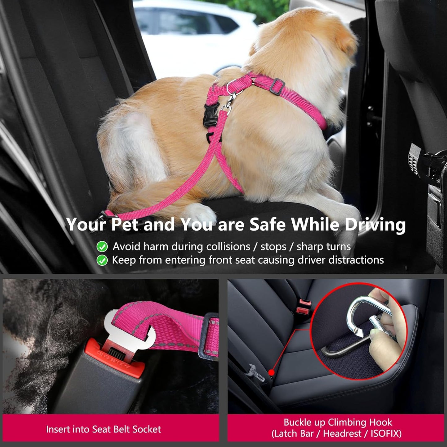 Dog Seat Belt Harness for Car, Dog Car Harness Adjustable Mesh Breathable & Dog Seatbelt Safety Tether with Elastic Bungee for Small Medium Large Pets(Rose, M)