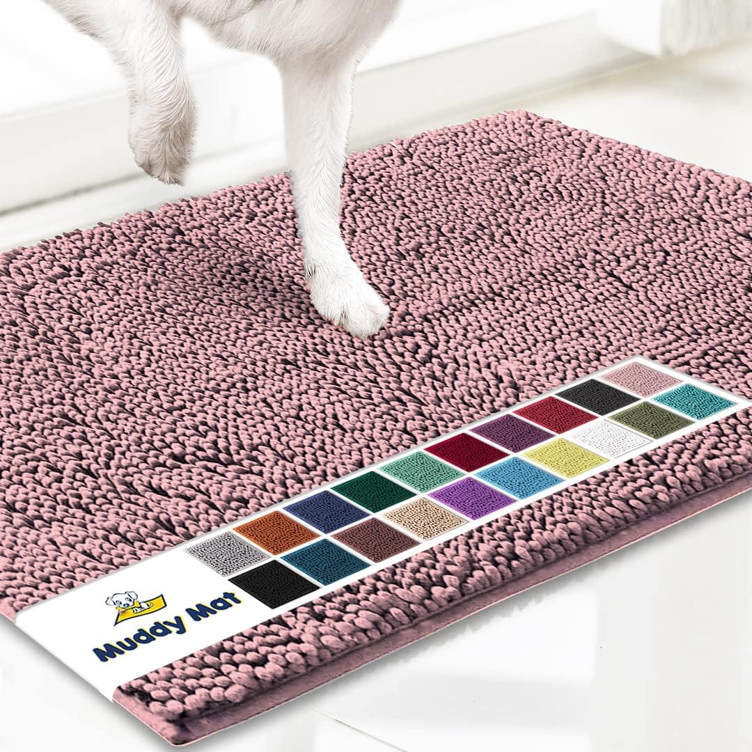 Muddy Mat® AS-SEEN-ON-TV Highly Absorbent Microfiber Door Mat and Pet Rug, Non Slip Thick Washable Area and Bath Mat Soft Chenille for Kitchen Bedroom Indoor and Outdoor - Light Pink 36" x 120"