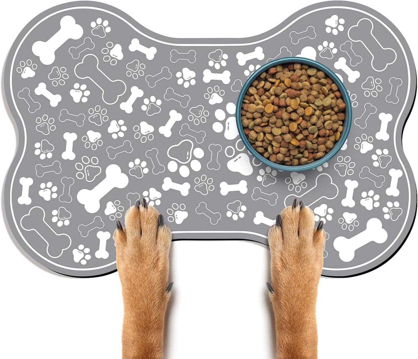 Dog & Cat Food Mat Bone Shaped Pet Feeding Mat Quick Absorb Water Bowl Placemat with Rubber Backing Indoor Floor Stain Resistant Pet Accessory Supplies (Grey, 16x24 Inches)
