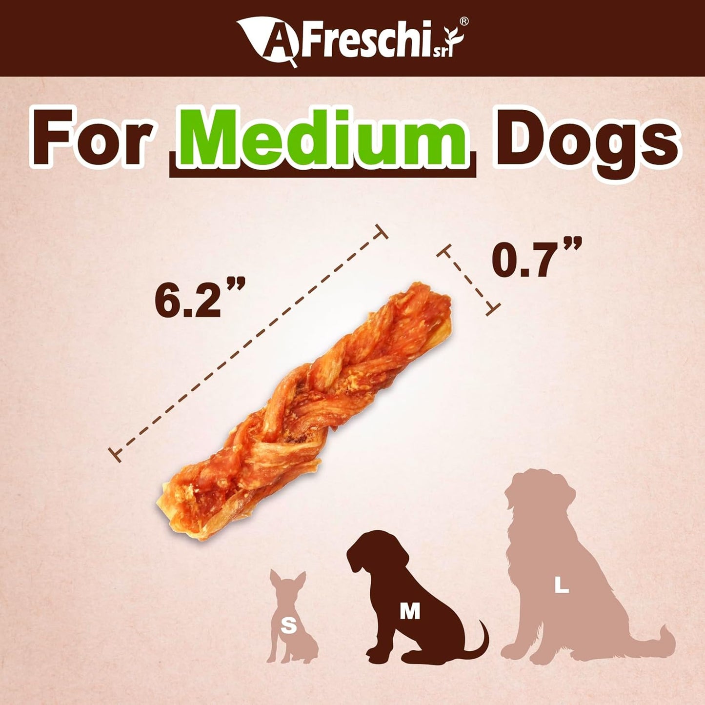 Afreschi Turkey Tendon Dog Treats, 8 oz Braid (for Medium Breeds), USA-Sourced Turkey Tendon, All Natural Puppy Chew, Hypoallergenic, Rawhide Alternative