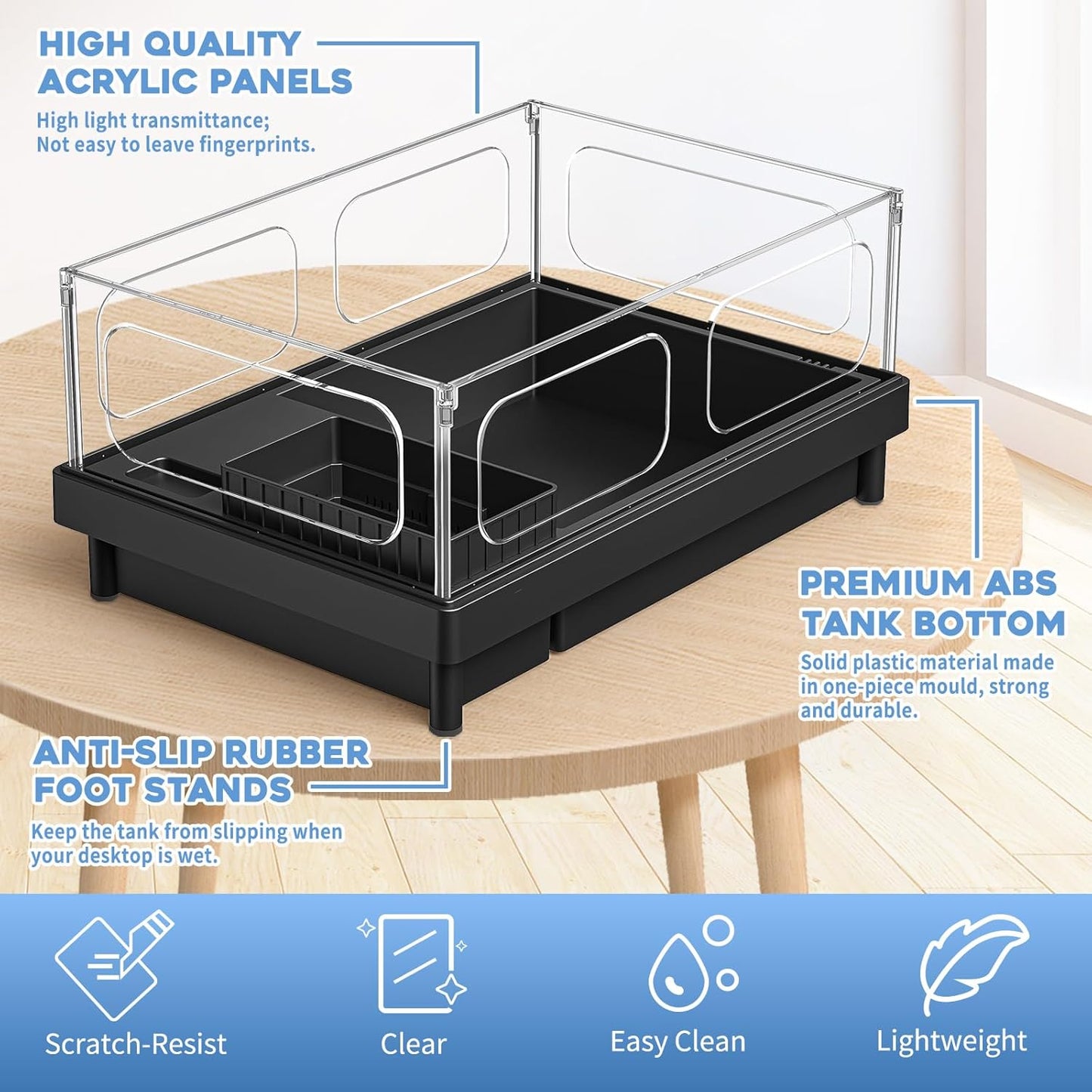 Small Turtle Tank, Aquarium, Acrylic Terrarium with Basking Platform, Bottom Drainage, Multi-Function Areas for Turtles, Crabs, Crayfish, Reptiles.(Black)