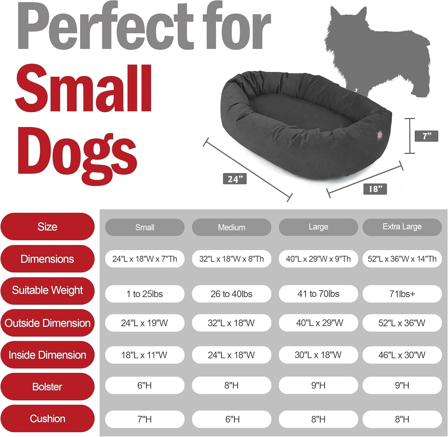 Majestic Pet 24 Inch Suede Shredded Memory Foam Mix Calming Small Dog Bed Washable 24 x 19 x 7 (Inch) - Cozy Soft Round Donut Dog Bed with Spine for Head Support - Pet Bed Gray