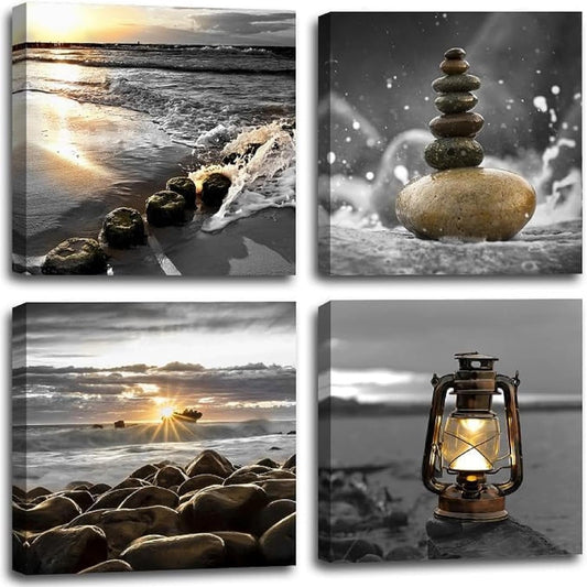 Yxbhhym-Canvas Zen Décor Black and White Beach Wall Art Ocean Poste Seascape Picture Print Sunset Scenery Painting Artwork for Living Room Wall Decor Bedroom Bathroom Wall Home Decorations Framed