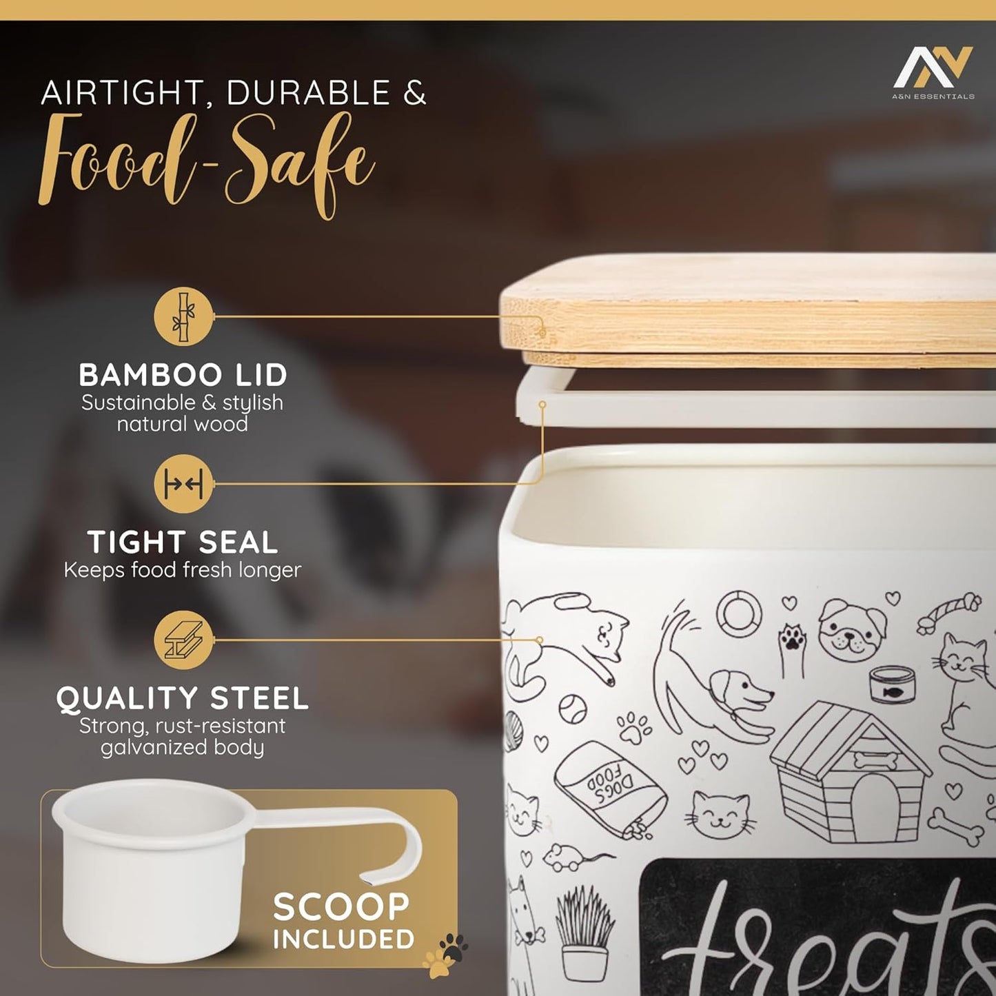 A&N Essentials 3-Piece Pet Food Storage Container Set – Airtight Galvanized Steel with Bamboo Lids – Holds Up to 6 lbs Kibble & 6 Cups Treats for Dogs & Cats