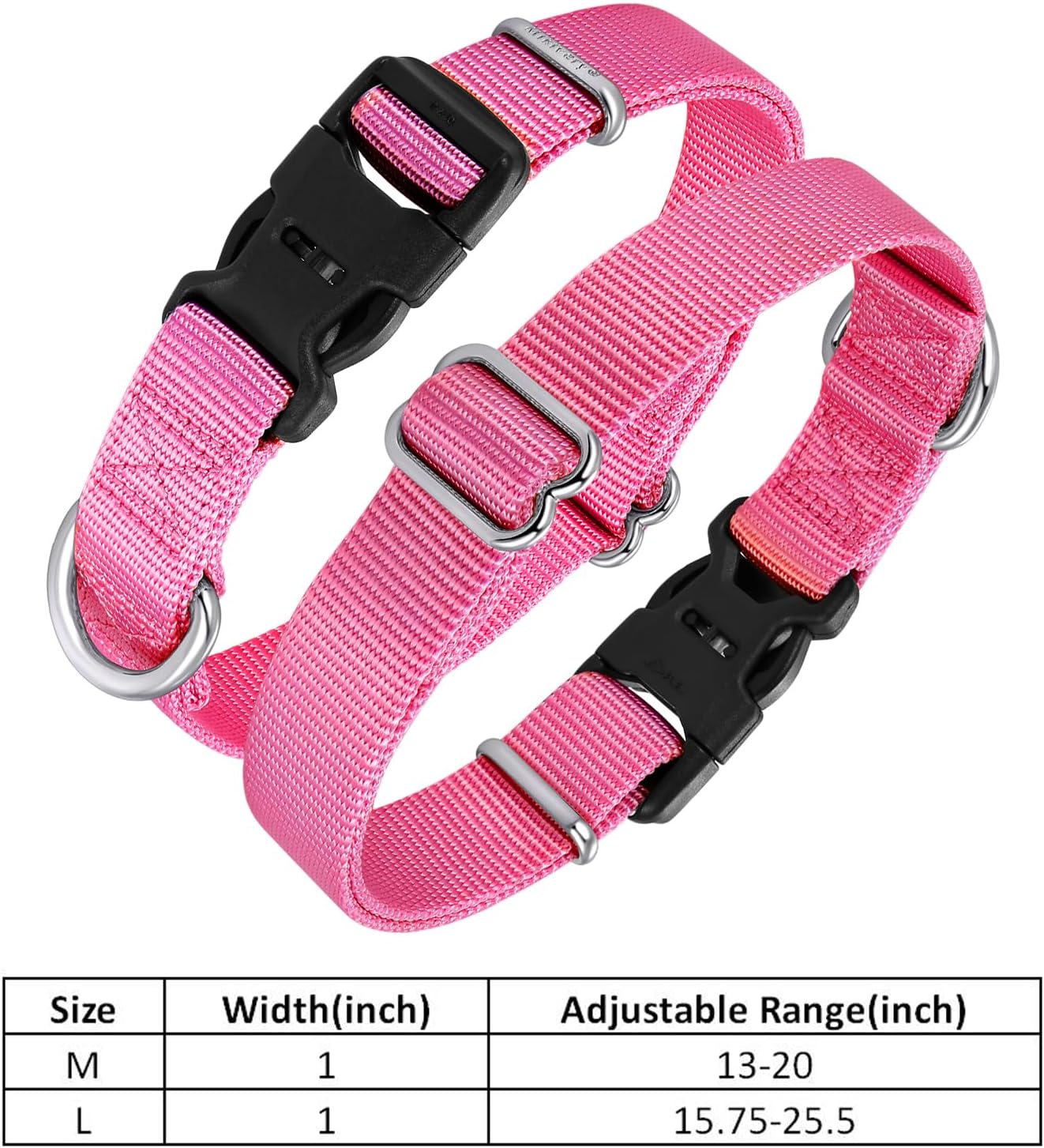 Mikivery Nylon Dog Collar with Quick Release Buckle Soft Adjustable Sturdy for Small Medium Large Dogs Pink,L