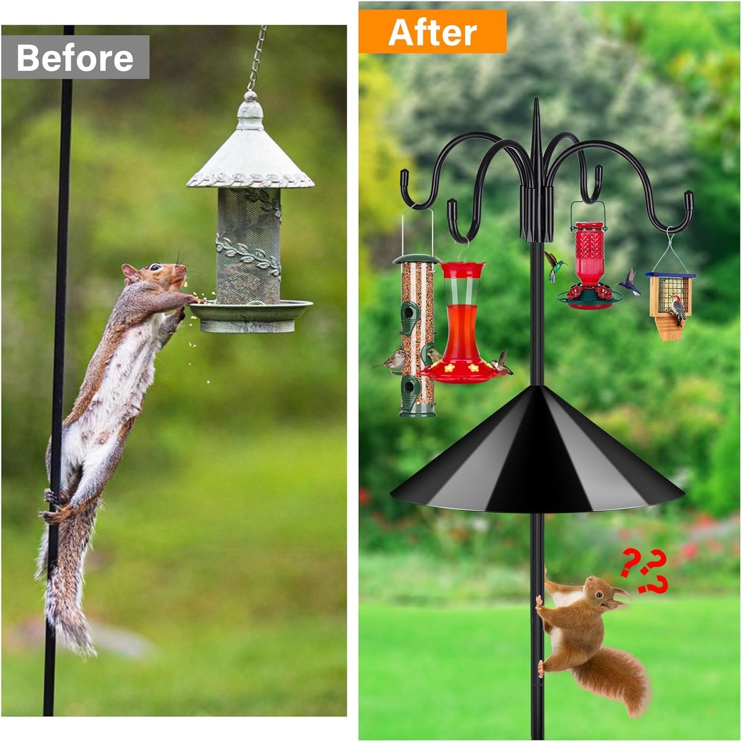 FEED GARDEN 92 Inch Adjustable Shepherd Four Hooks with Squirrel Baffle Heavy Duty Garden Hooks 5-Prong Base Bird Feeder Pole for Hanging Plant Baskets Solar Lights Lanterns