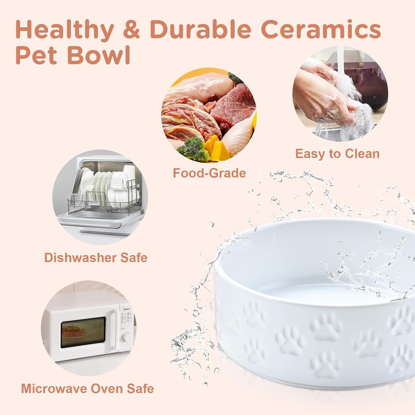 SPUNKYJUNKY Ceramic Dog and Cat Bowls 2 Pack, 5.1'' Dog and Cat Food Water Double Feeding Bowls Non-Slip for Cats and Puppy Small Sized Breed Dogs Microwave Dishwasher Safe - 13.5 OZ, 2pcs, Paw White