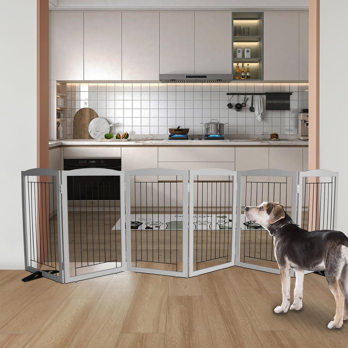 ZJSF Freestanding Dog Fence Indoor, Foldable Dog Gate for Doorways, Stairs or Hallways, Sturdy Wood Extra Wide Pet Gate with Support Feet for The House, Grey, 32 "Height-6 Panels