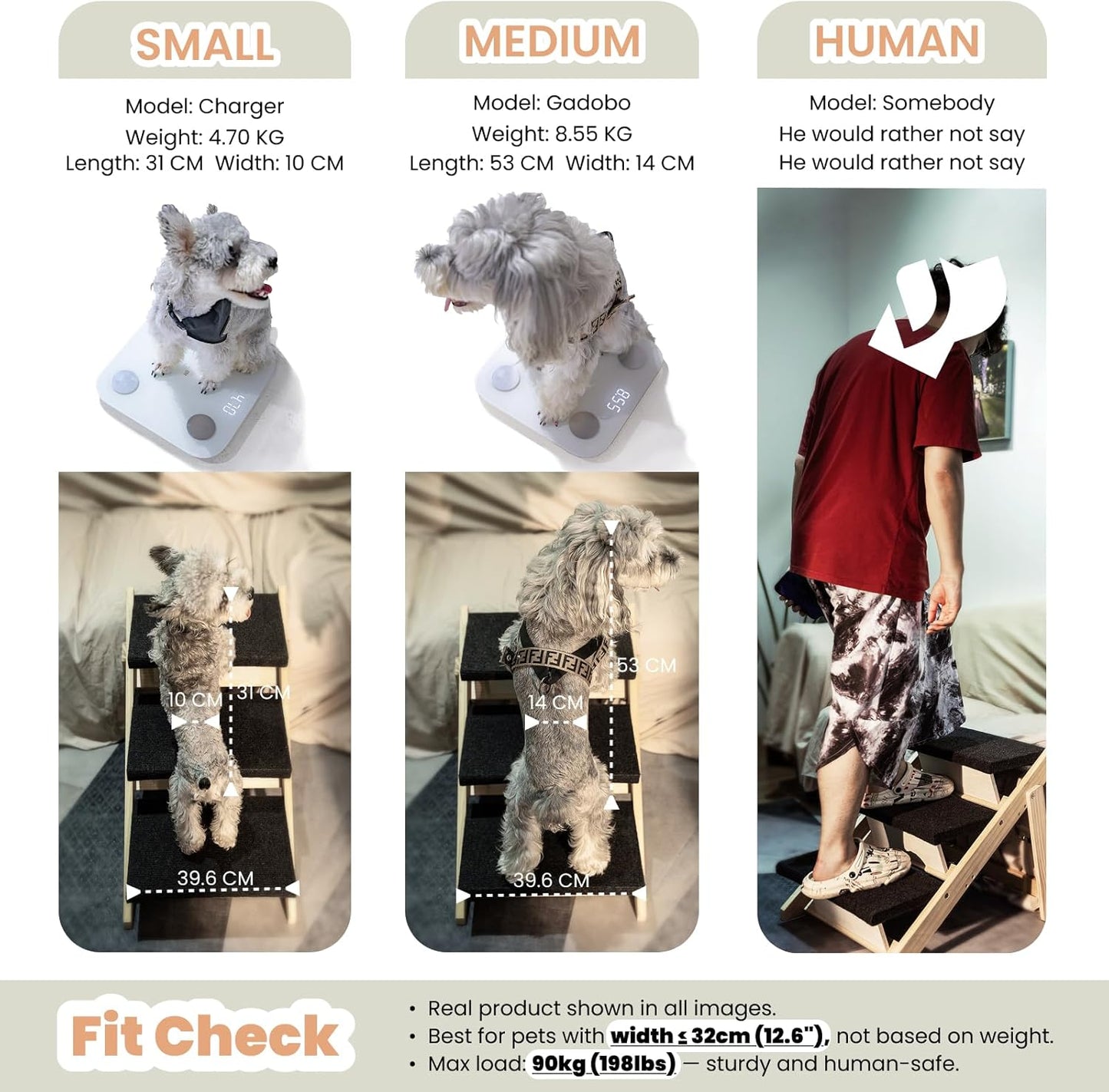 MEWANG Wood Pet Stairs & Ramp for Small/Medium Dogs and Cats, Aging Pets – 3-in-1 Foldable, Portable, Non-Slip Pet Ladder for Tall Beds, Couches,Cars–Holds Up to 220 lbs (17.3" L x 17.2" W x 13.0" H)