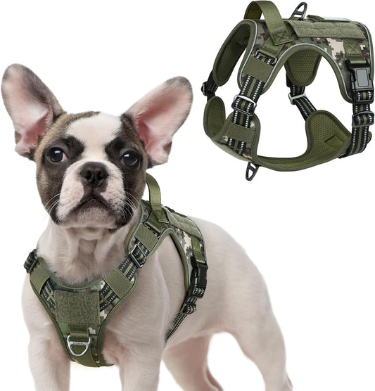rabbitgoo Tactical Dog Harness for Small Dogs, No Pull Military Service Vest with Handle & Molle, Easy Control for Training Walking, Adjustable Reflective Straps, Green camo, S