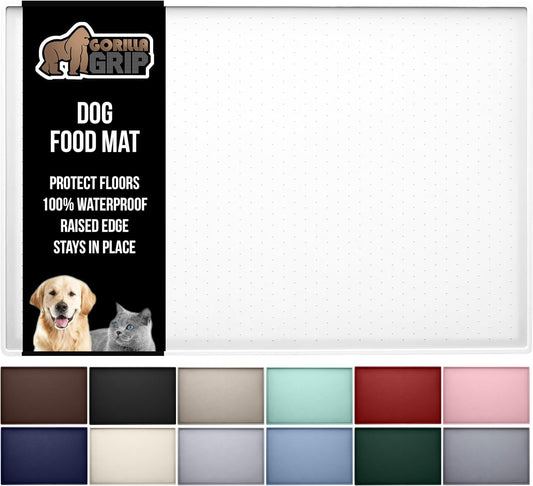 GORILLA GRIP 100% Waterproof Raised Edge BPA Free Silicone Pet Feeding Mat, Dog Cat Food Mats Contain Spills Protects Floors, Placemats for Cats and Dogs Water Bowl, Pets Accessories 23x15 White