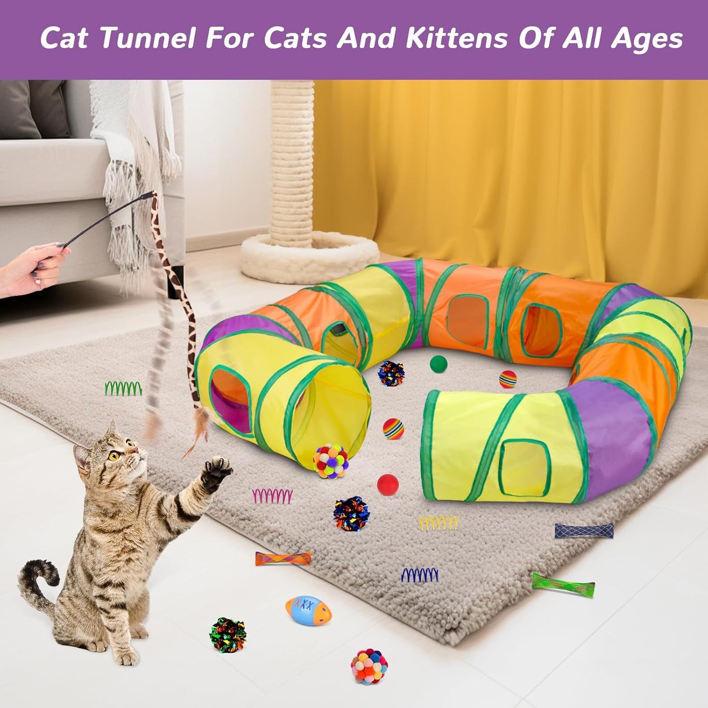 Retro Shaw Cat Tunnels with Cat Toys Pack, Interactive Kitten Toys for Indoor Cats Kitty, Kitten Tube Tent Feather Wand Teaser Bell Fuzzy Ball Springs Mouse (25 Pcs Extra Large Cat Tunnel Toys Set)