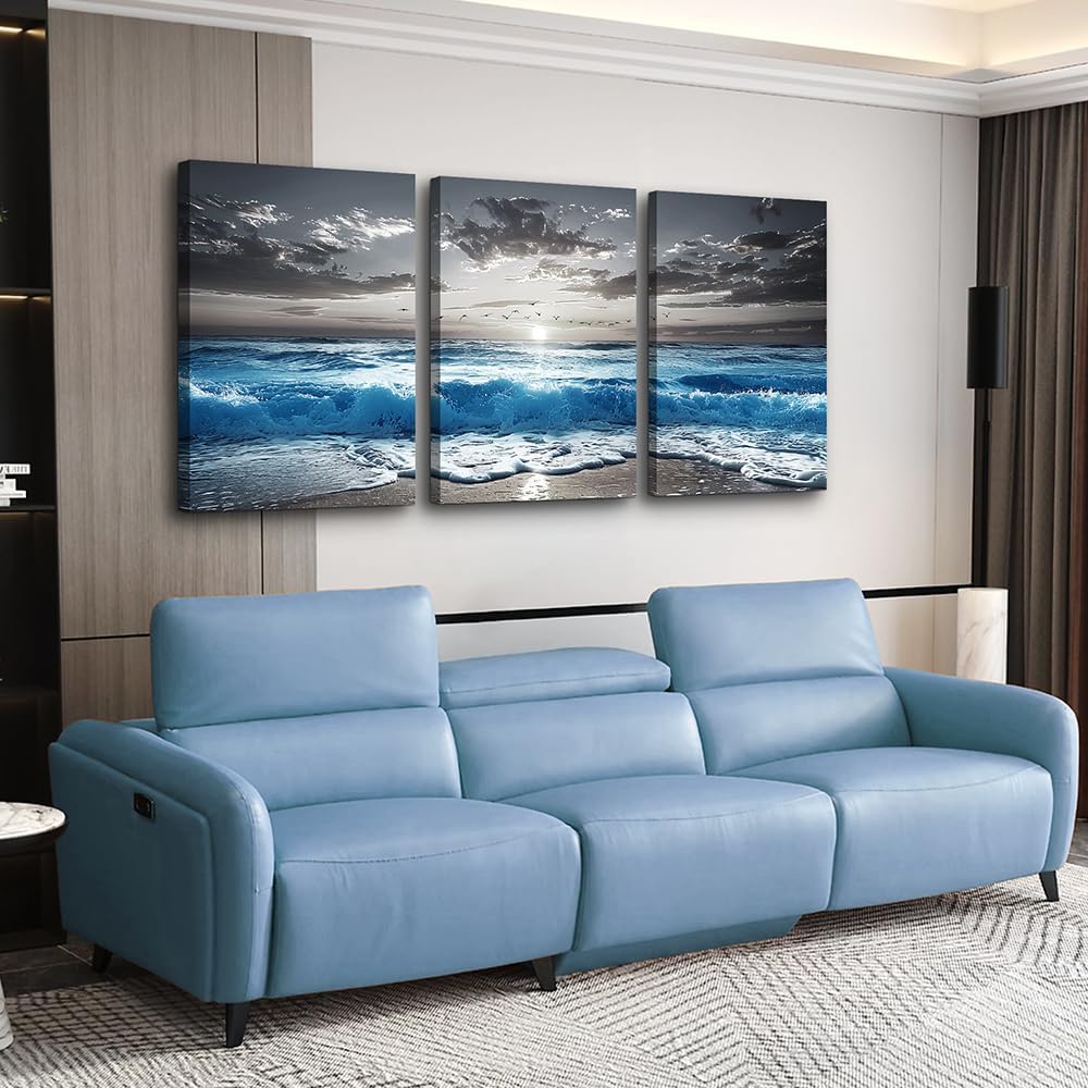 TTHYUEWS Black And White Beach Pictures Large Wall Decor For Living Room Canvas Wall Art For Bedroom Modern Office Decorations Blue Sea Wave Ocean Paintings Artworks Canvas Art Home Decor 3 Pieces