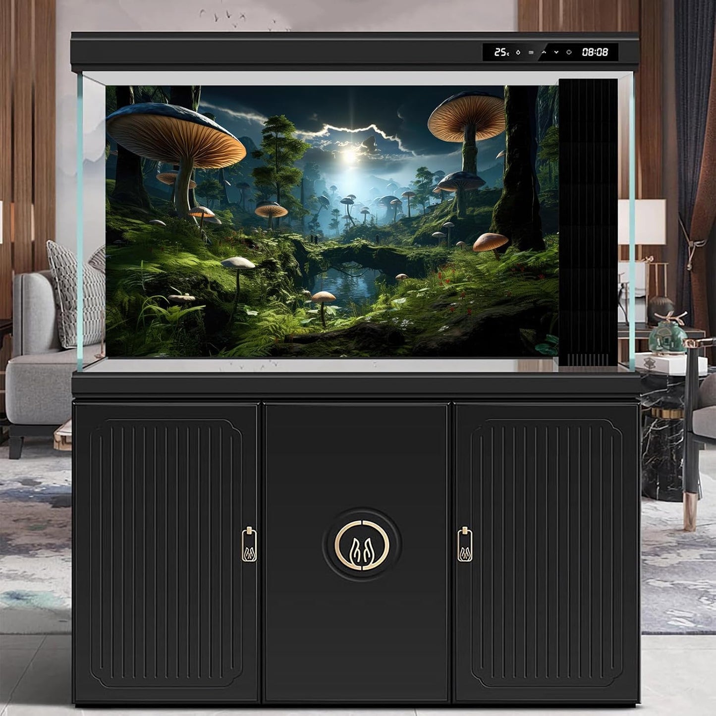 Fantasy Mushrooms Landscape Aquarium Background Tranquil Stream Cloudy Sky Terrarium Background Lush Green Tropical Plants Trees Fish Tank Backdrop Decoration Tank Background Poster 30x18in