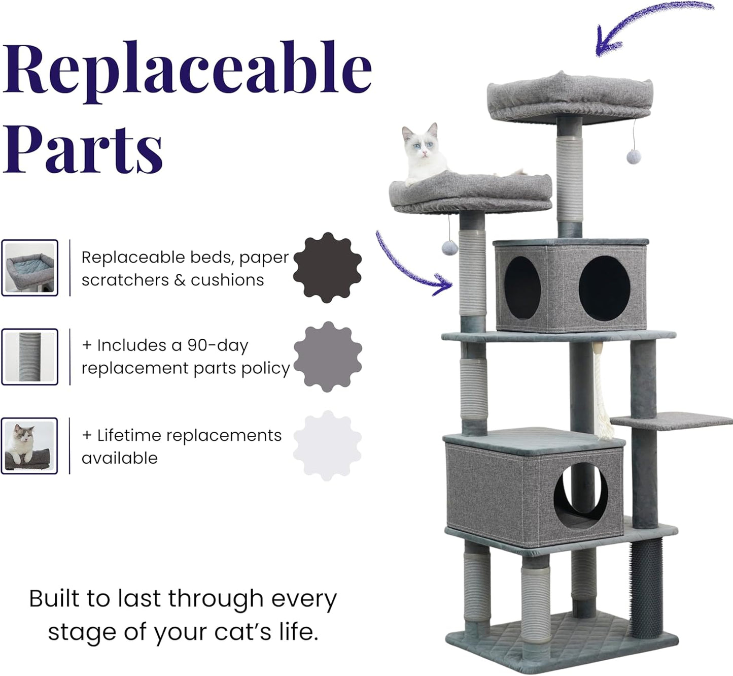 Catry® Stella 7-Level 67.5” Linen & Quilted Velvet Cat Tree with Recycled Paper Scratchers, Two Condos, Removable Beds, Toys, Easy to Clean, Ideal for Large Cats and Multi-Cat Homes (Zinc Gray)