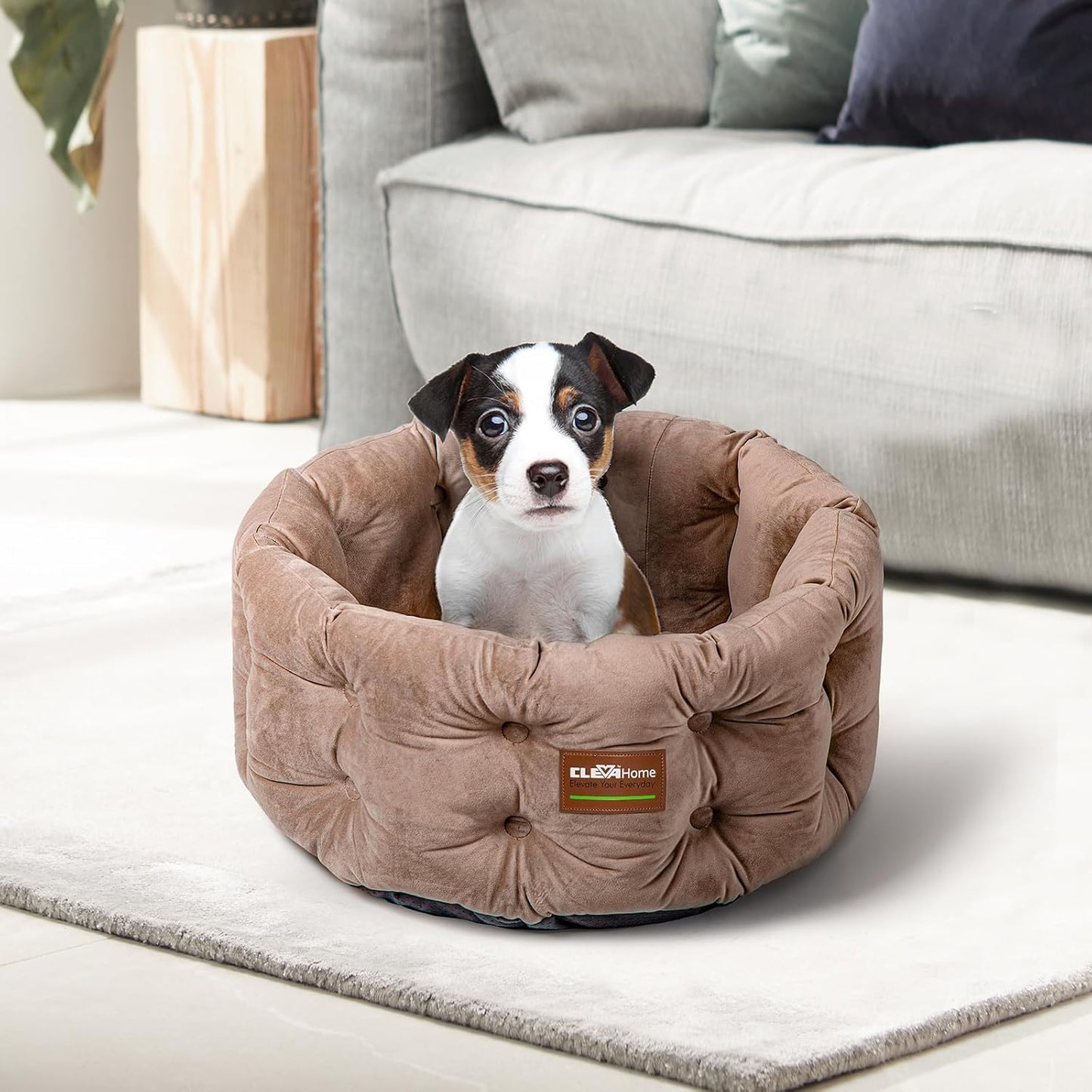 ClevaHome Deep Nest Cat Bed for Small Pets up to 15lbs - Round Cat Beds for Indoor Cats, Luxurious Velvet Feel, Extra High Sides, Machine Washable Comfort Pet Bed with Non-Slip Bottom (Warm Beige)