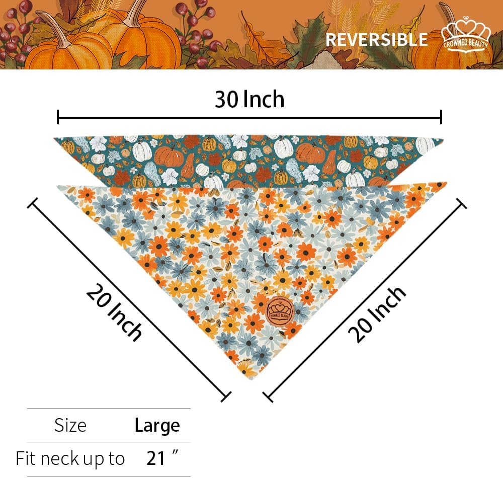 CROWNED BEAUTY Fall Dog Bandanas Reversible Large 2 Pack, Pumpkin Charm Set, Orange Adjustable Triangle Holiday Scarves for Medium Large Extra Large Dogs Boy Girl Pets DB185-L