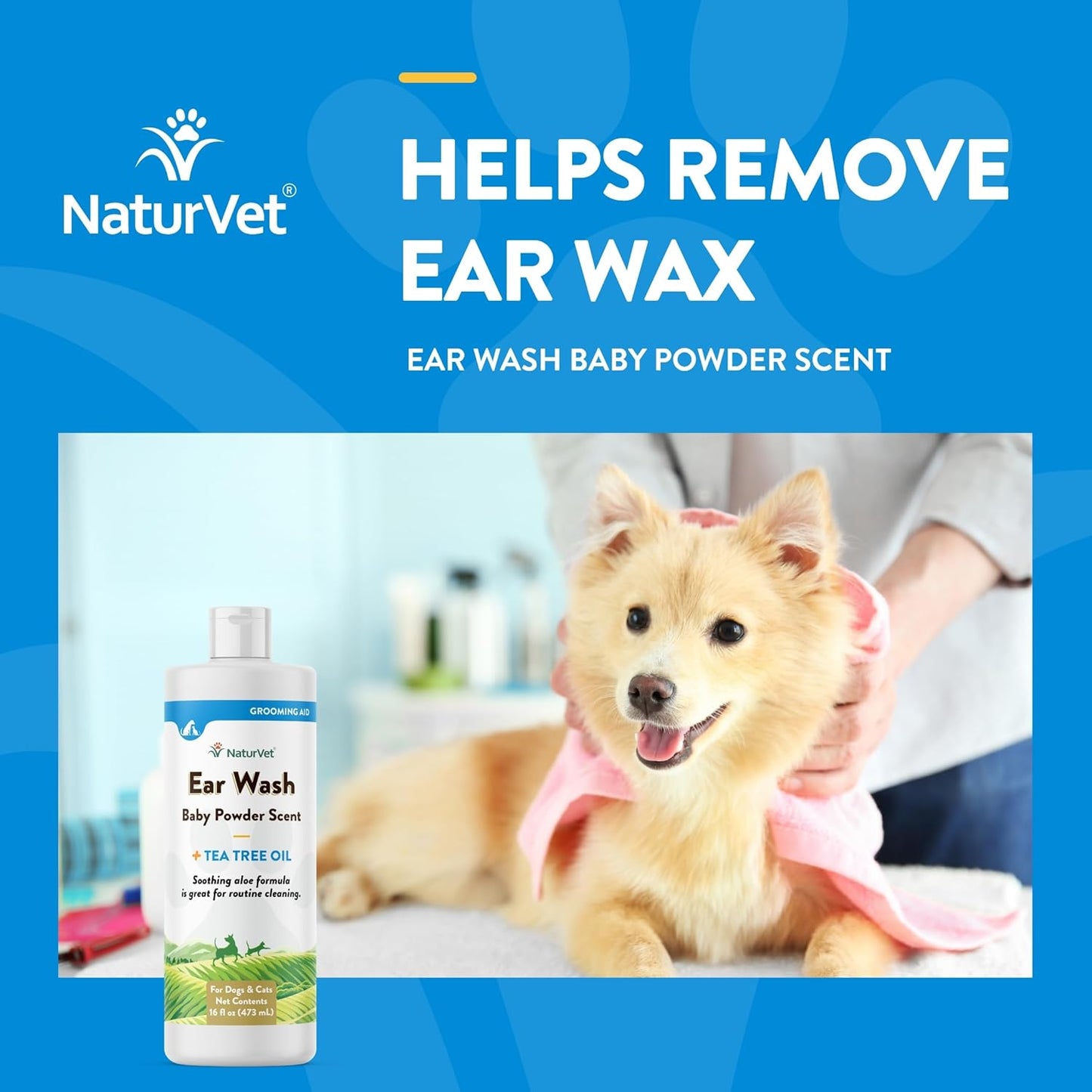 NaturVet Ear Wash Liquid Supplement for Dogs & Cats – Pet Health Supplement Cleans Dog, Cat Ear Canals – Includes Aloe, Tea Tree Oil – Helps Remove Pet Ear Wax, Dirt, Debris – 16 Oz.