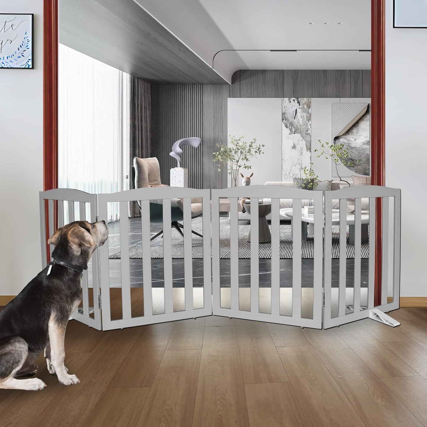 ZJSF Foldable Freestanding Indoor Dog Gate for House Wood Long Pet Gates Dog Fence for Stairs Puppy Gates for Hallways, Puppy Gate,Support Feet Included, Grey, 24 "Height-4 Panels