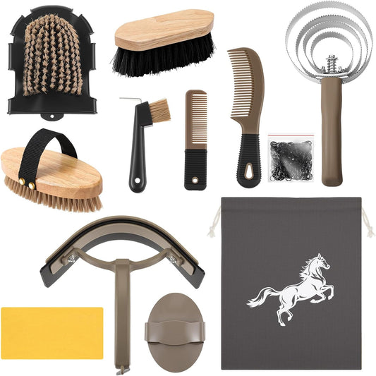Abbylike 12 Pieces Horse Grooming Kit Racing Festival Tack Room Supplies Horse Brush Sets Equine Care Cleaning Kit Shedding Grooming Massaging Tools(Dark Gray)