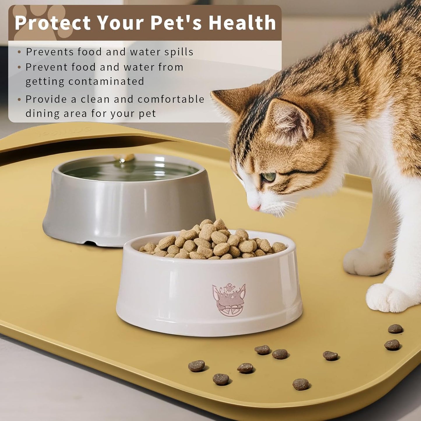 Silicone Pet Feeding Mat with Raised Edge & Residue Collection Pocket for Food and Water, Dog Bowl Mats, Cat Bowls Placemat with High Lip for Floor Waterproof, 22 x 14 x 0.8 Beige