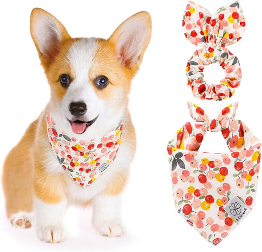 E-Clover Pink Floral Dog Bandanas & Matching Scrunchie Set Cute Dog Scarf Bibs Pet Bandana with Bow Tie for Medium Large Dogs Owner Mom Spring Summer