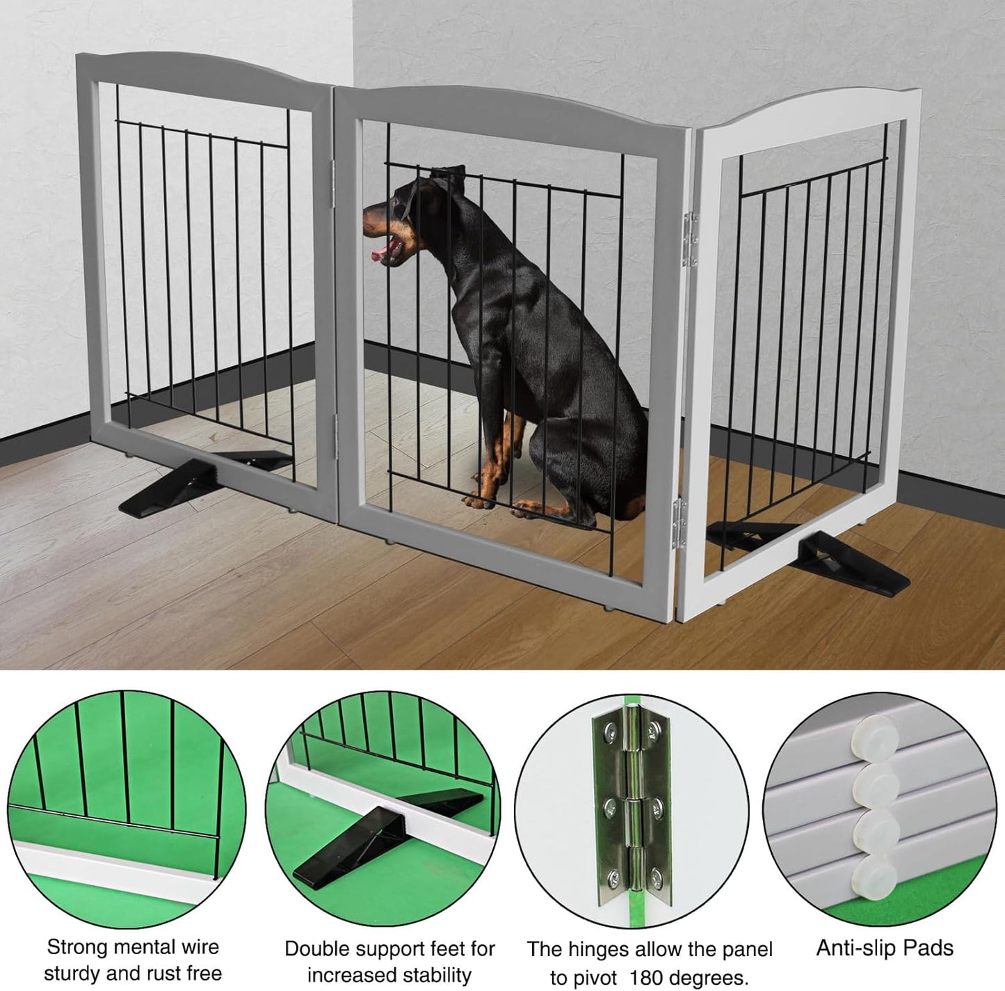 ZJSF Freestanding Dog Fence Indoor, Foldable Dog Gate for Doorways, Stairs or Hallways, Sturdy Wood Extra Wide Pet Gate with Support Feet for The House, Grey, 24 "Height-3 Panels
