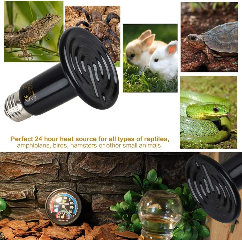 Pack of 3 Black Ceramic Heat Emitters, 100W Reptile Heat Bulbs for Lizards, Snake, Bearded Dragon, Reptiles & Amphibians, No Light & No Disturbing