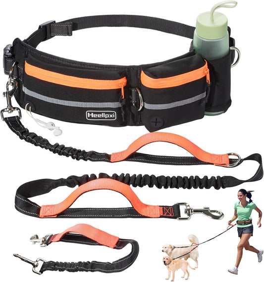Hands-Free Waist Leash with Pouch for Two Dogs: Reflective Stitching, Dual Handle & Bungee Retractable Design – Ideal for Medium to Large Dogs (Orange) – Dog Walking Accessories