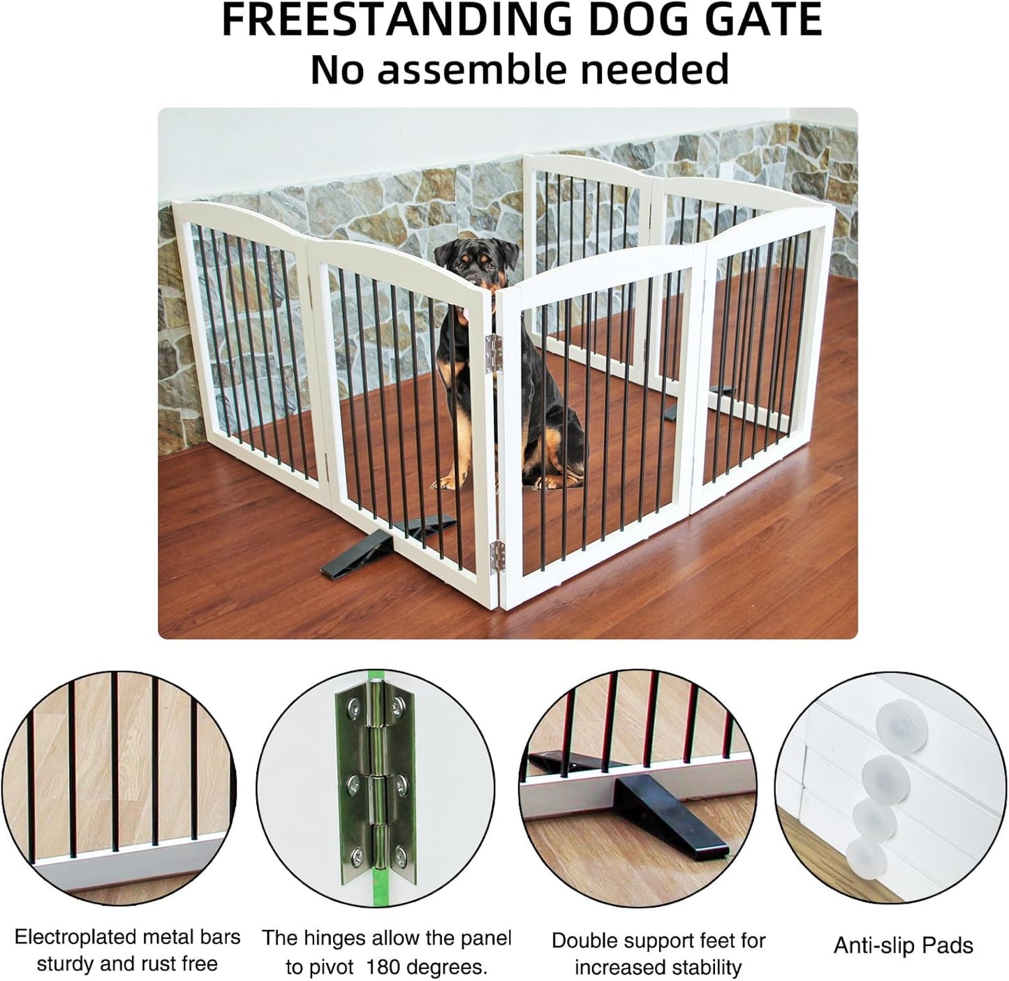Freestanding Panel Dog Gate for Indoor, Doorways,Stairs, or Hallways,Foldable Wooden Dog Gates for House,Pet Gate for Dogs,Dog Fence, Puppy Gate,Support Feet Included,32 "Height-6 Panels,White