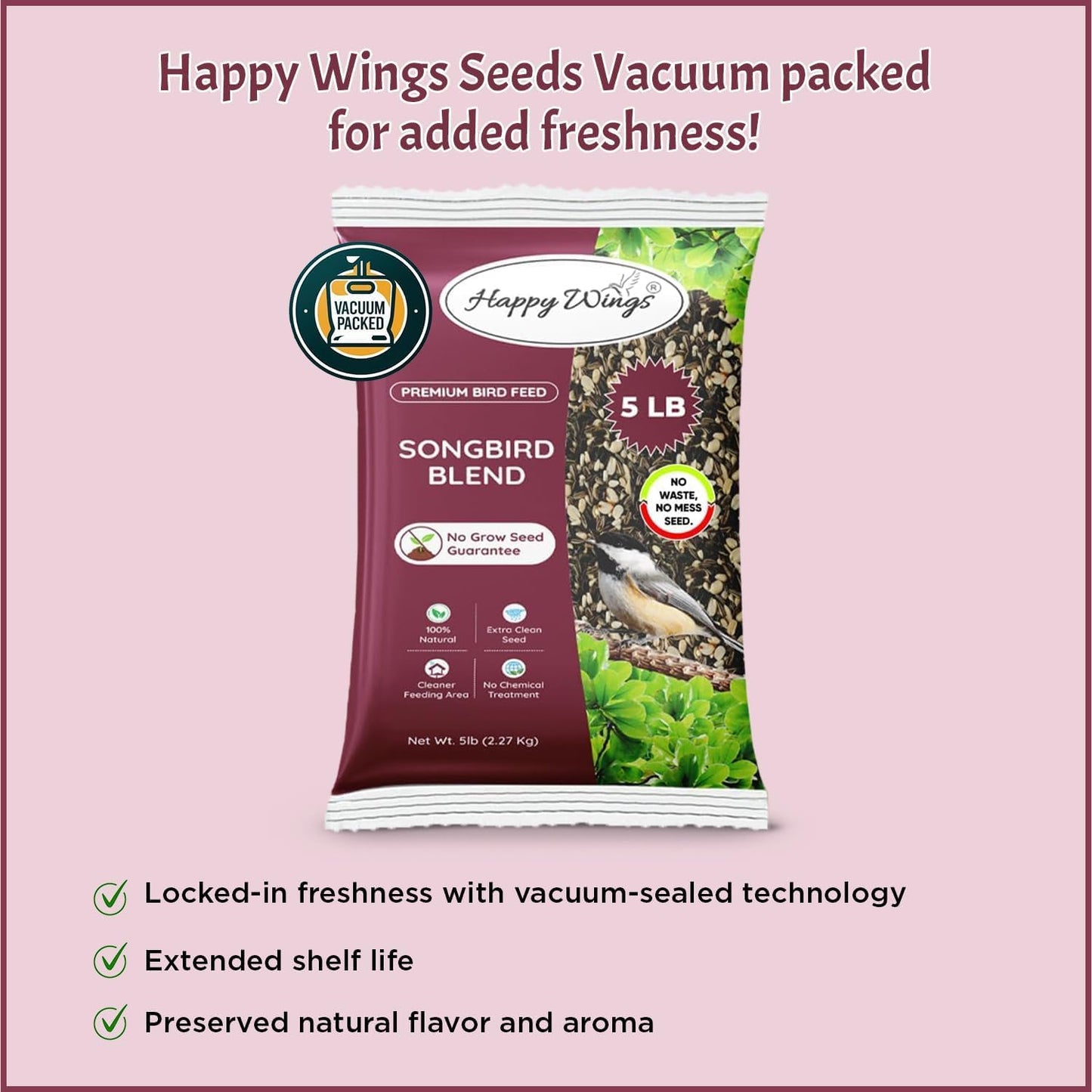 Songbird Blend Bird Food, Mix of Sunflower Seeds/Kernels, Safflower Seeds and Peanuts, 5 Pounds | No Grow Seed | Bird Seed for Wild Birds