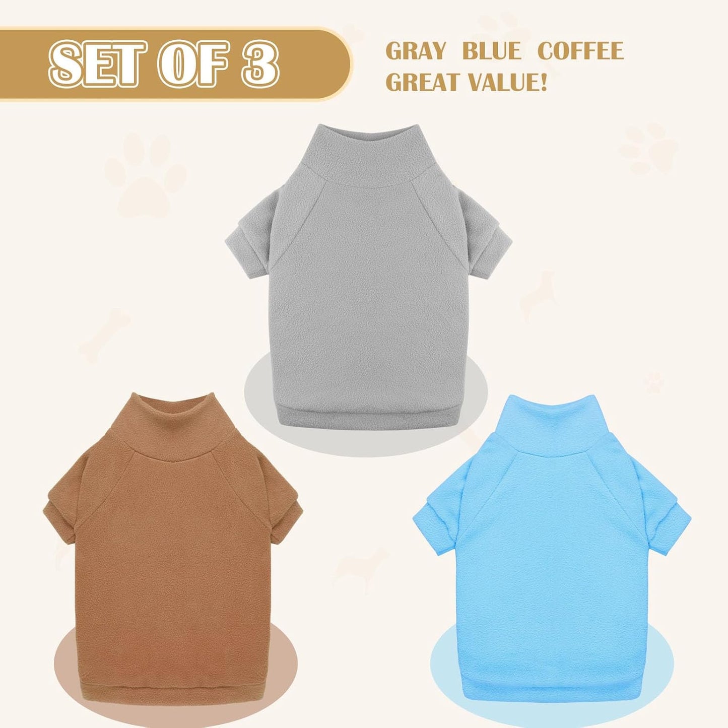 3 Pack Dog Sweater Fleece Pet Clothes Turtleneck Soft Warm Pet Sweatshirt Dog Sweaters for Small Dogs Sweaters for Medium Dogs Boy Girl(Gray+Blue+Coffee,S/M)