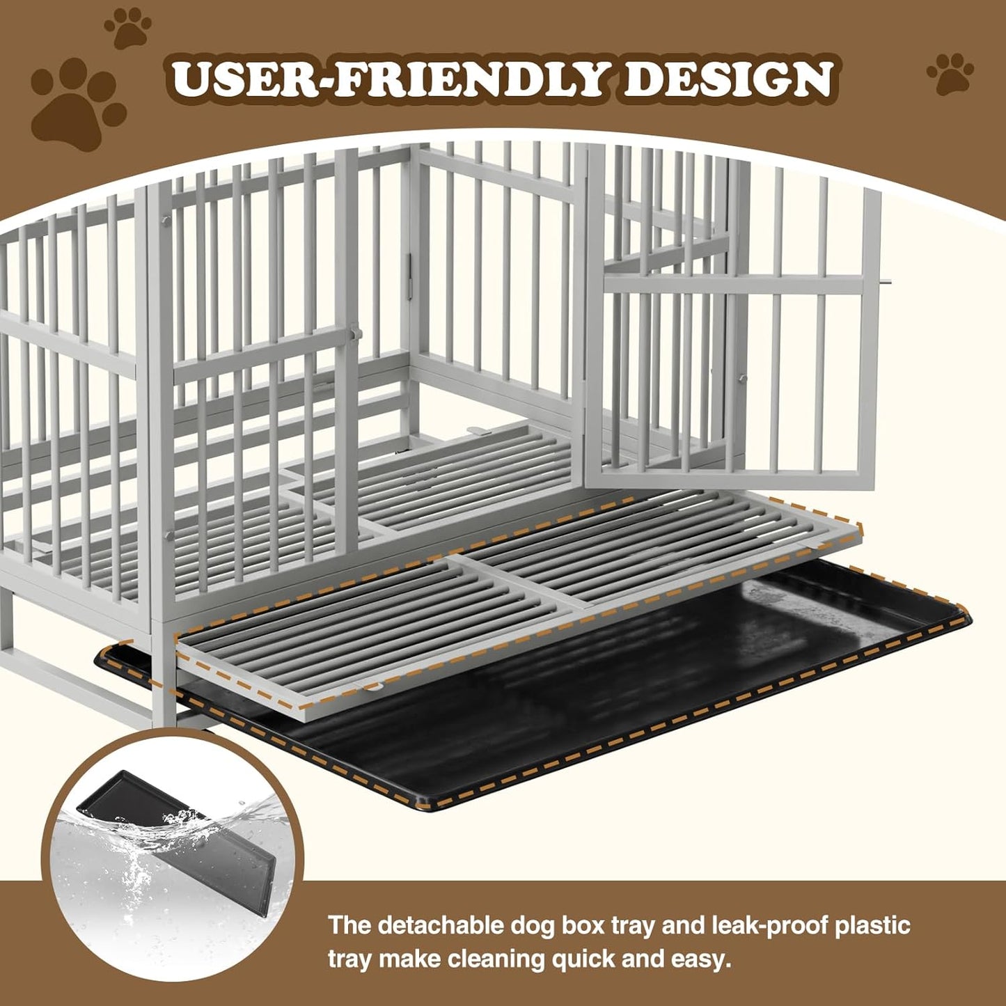 Dog Crate with Removable Tray, 37/42/46 Inch Indestructible and Escape Proof Steel Dog Cage Kennel for High Anxiety Dogs, Heavy Duty Dog Crate with Wheels, Double Door, Extra Large XL XXL