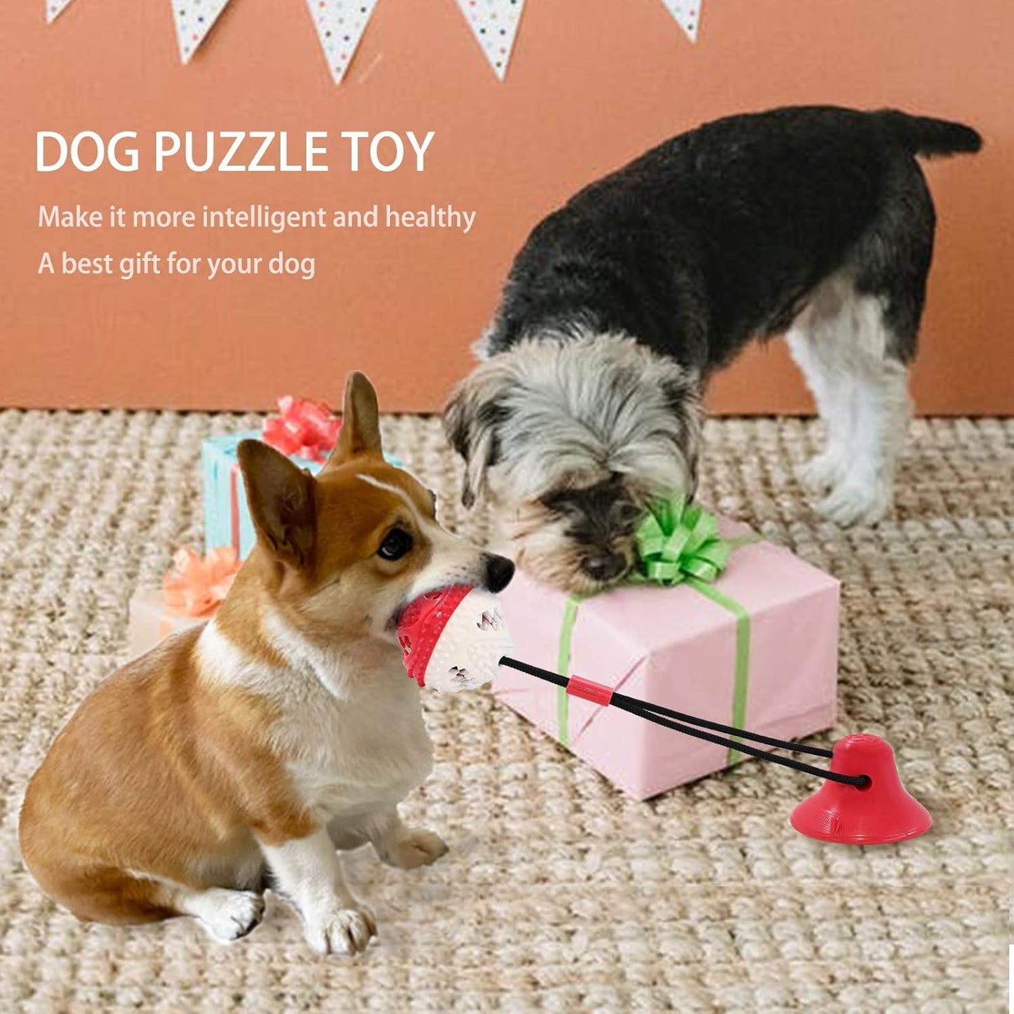 Dog Toys, Dog Chew Toys for Aggressive chewers,Rope with Suction Cup for Puppy Training Treats Teething for Boredom, Small Dog Puzzle Toy Treat Food Dispensing Ball (red)