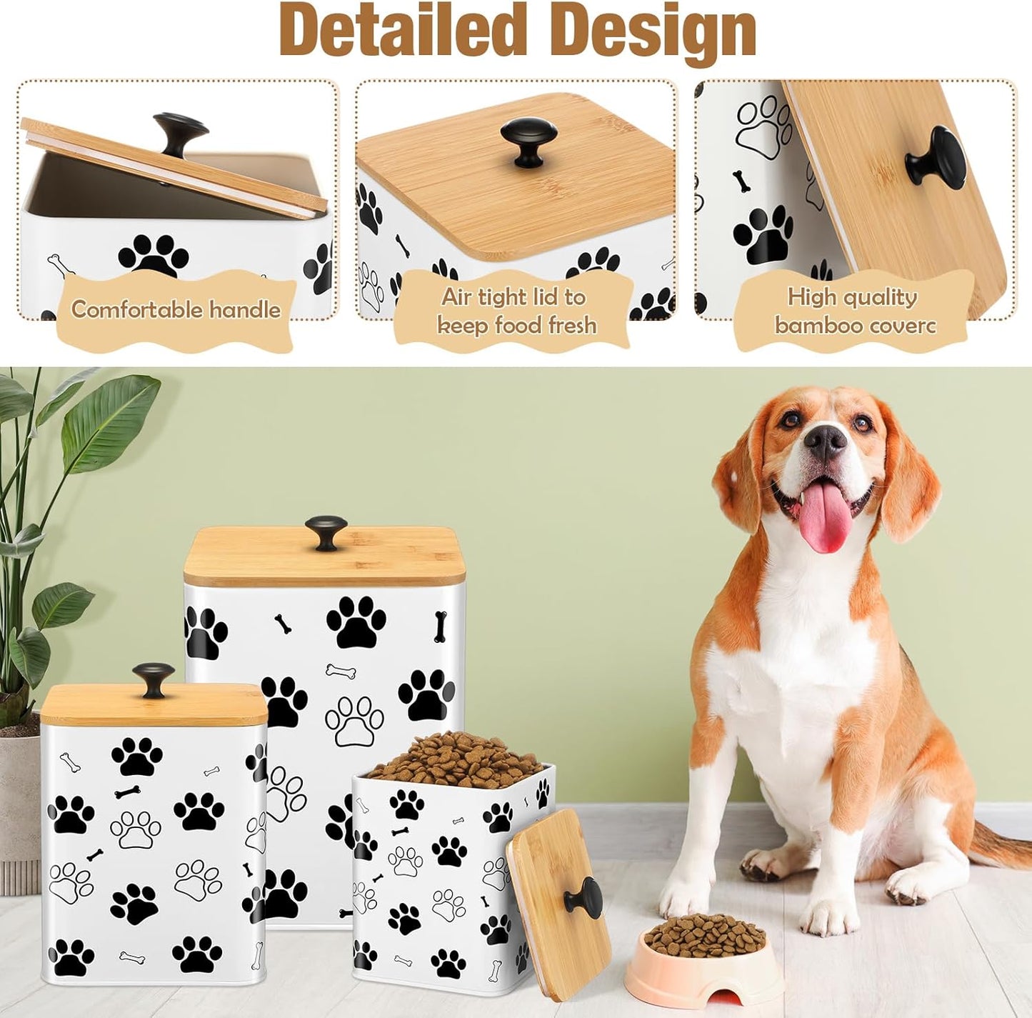 3 Pack Airtight Dog Food Containers with Bamboo Lids, Metal Dog Treat Jars Canisters for Kibble, Biscuits, Snacks, Cookies, Pet Food Storage Set for Kitchen Counter(White)