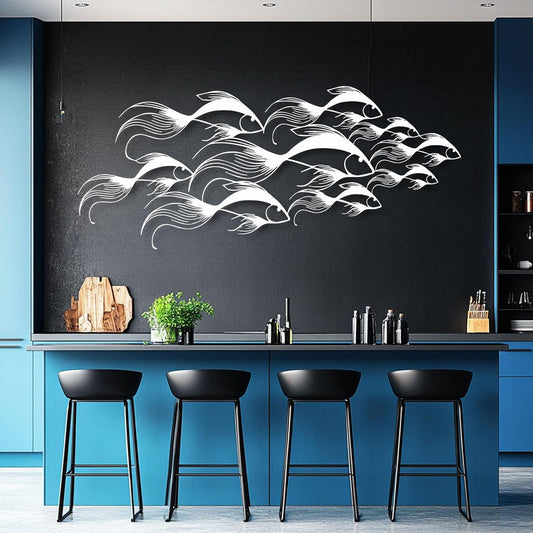 School of Fish Metal Wall Art, Metal Fish Wall Decor, Sea Life Wall Art, Large Nautical Wall Hanging, Modern Beach House Wall Decor, Ocean Themed Artwork for Bathroom (White, 59"x25" | 150x64cm)