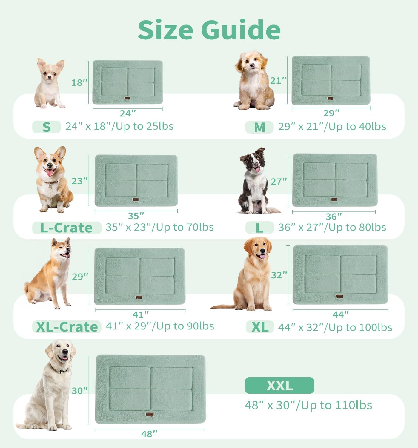 Made4Pets Dog Crate Pad Bed for Large Dogs, Washable & Reversible, Anti-Slip Kennel Mat for Cozy Sleeping, Soft Fluffy Dog Bed for Indoor & Outdoor Use, 36"x27", Green