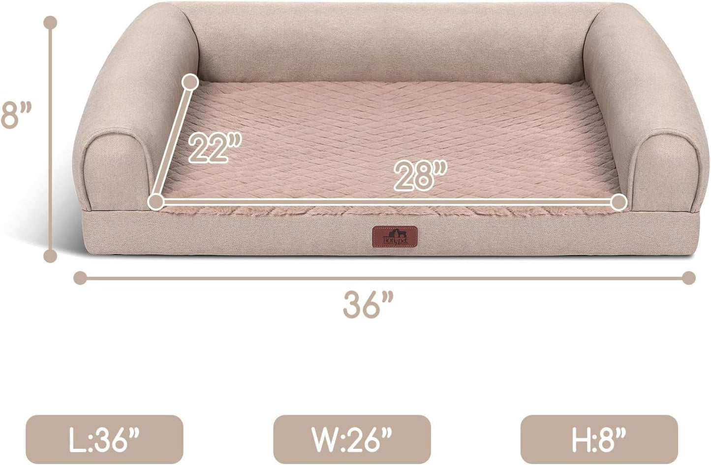 Hollypet Orthopedic Dog Bed for Large Dogs, Supportive Foam Pet Couch with Removable Washable Cover and Non-Slip Bottom, Waterproof Lining Sofa Bed, Khaki, L (36 * 26 * 8)